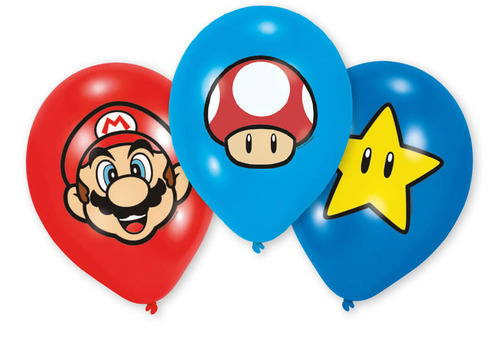 6 Ballons 3 couleurs Super Mario 27,5 cm