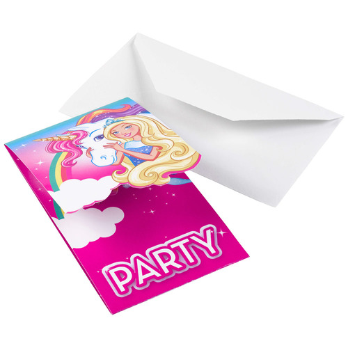 8 Invitations et Enveloppes Barbie Dreamtopia