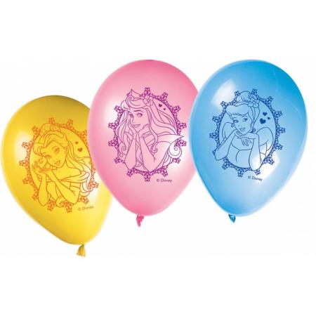 Sachet de 8 ballons imprimés princesse rose, bleu, jaune 28 cm
