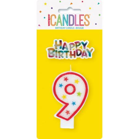 Bougie chiffre 9 et colorée avec sa décoration Happy Birthday