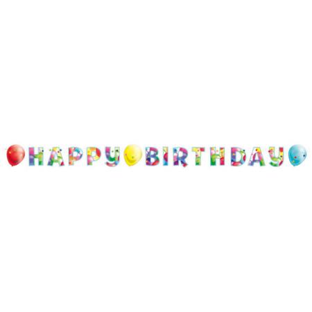 Guirlande multicolore avec lettres happy birthday et ballons