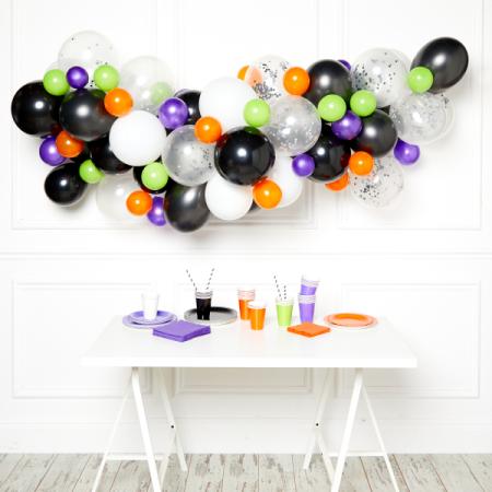 Guirlande ballons noir orange, vert, violet, transparent