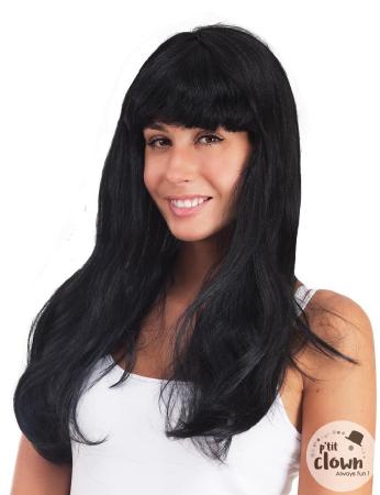 Perruque cheveux longs noirs avec frange
