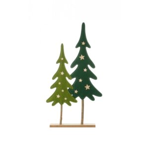 2 sapins feeriques feutre vert clair vert sur socle bois 29cm x 6cm x 56cm