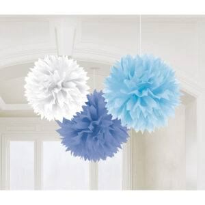 3 Boules Pompons Bleues blanches tailles assorties Anniv