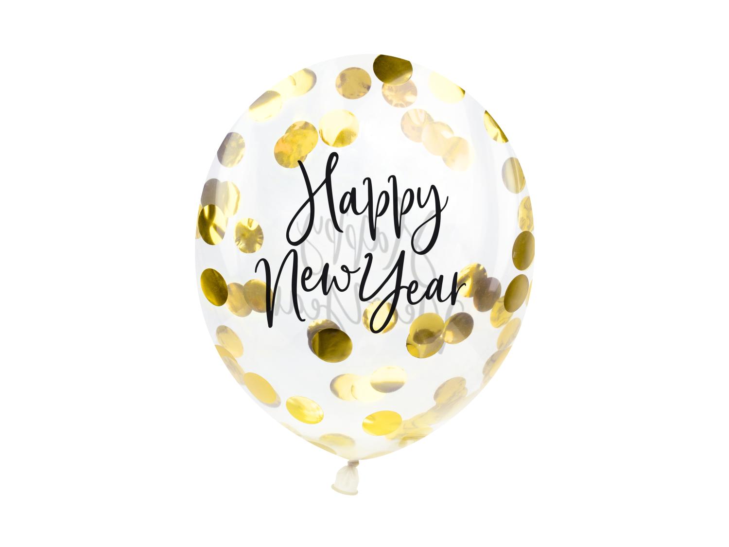 lot de 3 Ballons avec confettis - Happy New Year, 27 cm, or
